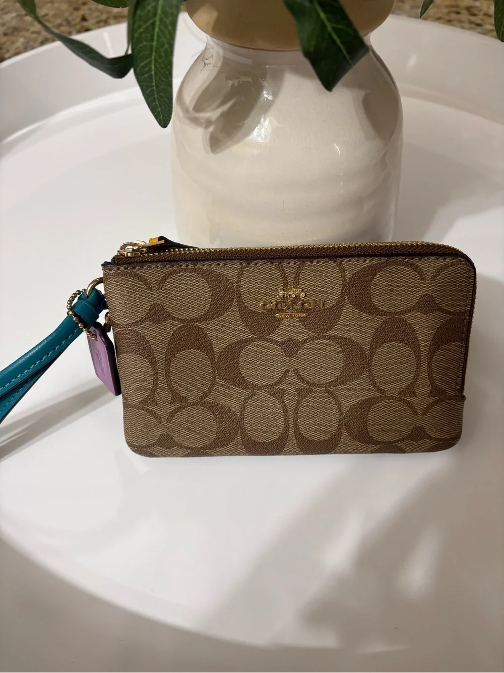 Coach Double Corner Zip Wristlet Signature Canvas Khaki Brown Multi NWT